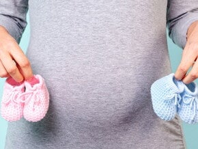 Ventre de maman avec des chaussons rose et bleu dans les mains Ventre de maman avec des chaussons rose et bleu dans les mains