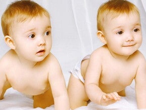 Bébes jumeaux marchent à quatre pattes vers nous et regardent à droite Bébes jumeaux marchent à quatre pattes vers nous et regardent à droite